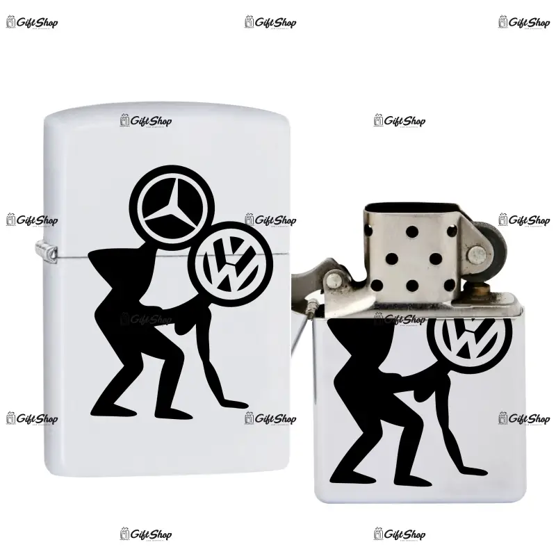 Mercedes vs volswagen, bricheta metalica gravata laser cu mesaj